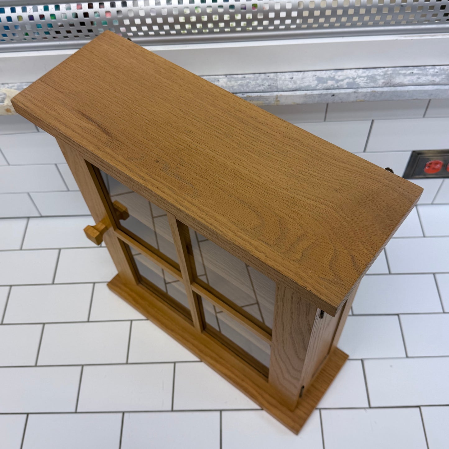 Wall Mounted Oak Curio Cabinet Glass Display Case Windowpane Door