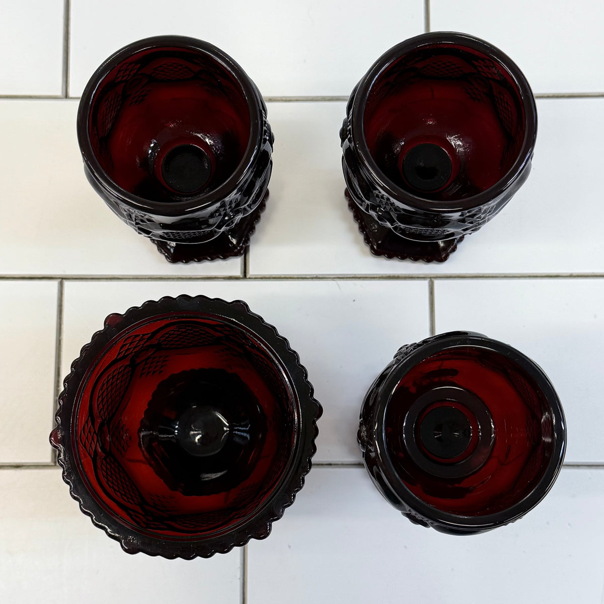 Avon Cape Cod Ruby Red Glass Wine Glasses & Sugar Bowl Set