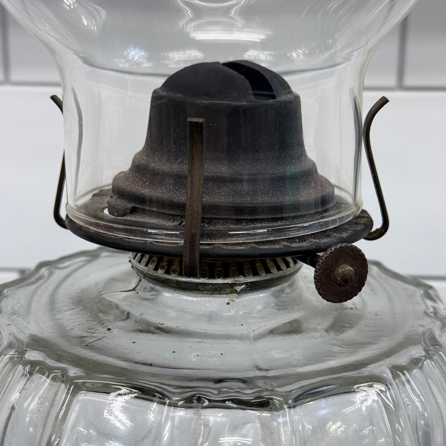 Giant Brand Clear Glass Oil Lamp with Etched Floral Glass Chimney