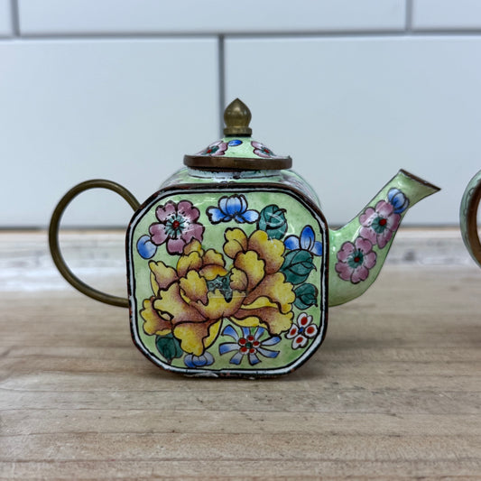 Otagiri Enesco Enameled Metal Miniature Teapots, Set of 2