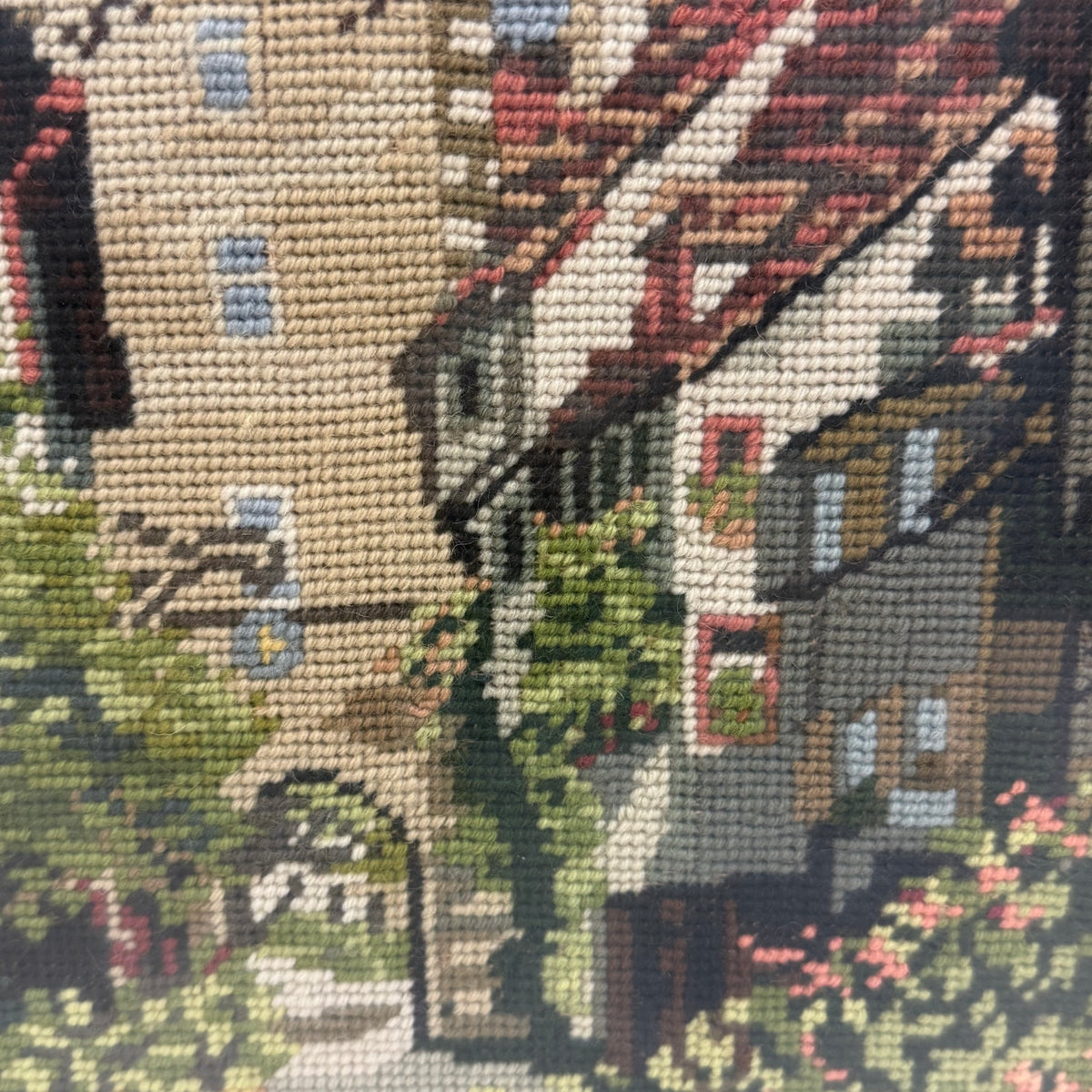 European Village Clock Tower Framed Needlepoint Art