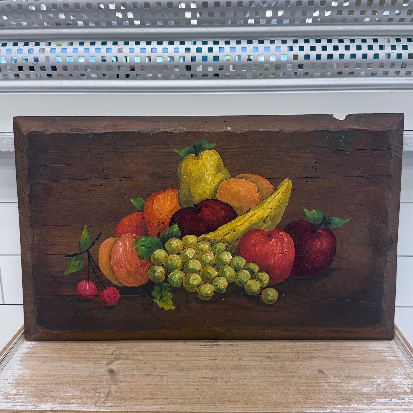 Carol Albert Hand Painted Fruit Still Life Wood Panel 1970s