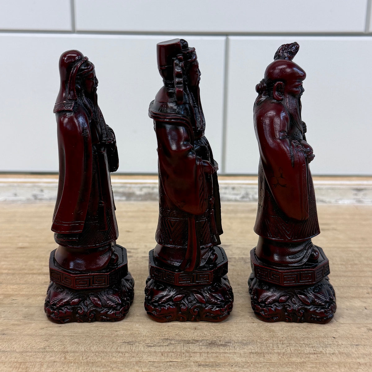 Vintage Chinese Fu Lu Shou Three Star Gods Red Resin Figurines