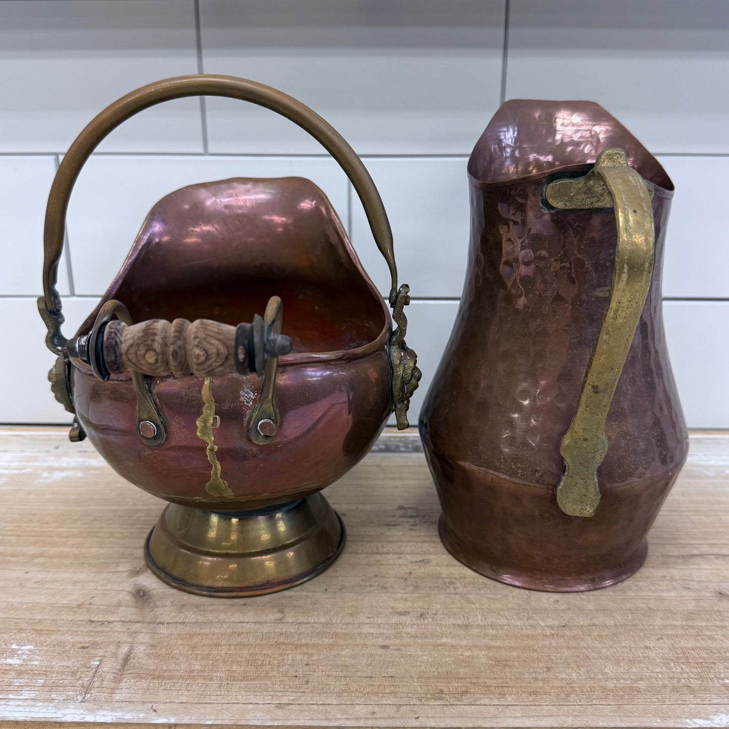 Copper Coal Scuttle & Hammered Pitcher Decor Set