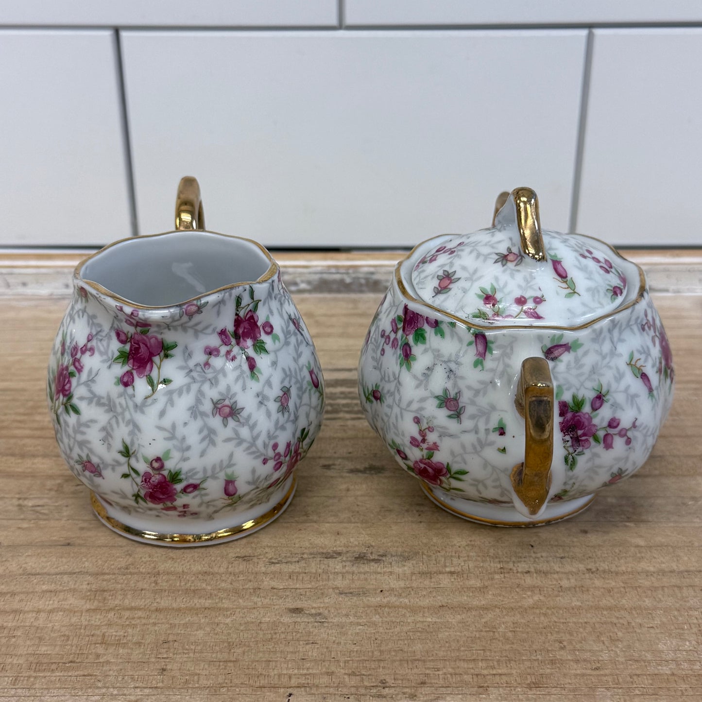 INARCO Rose Chintz Creamer & Sugar Bowl Set 1960s