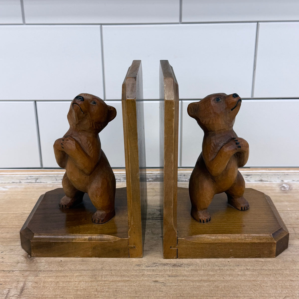 Carved Wood Bear Bookends Rustic Lodge Folk Art Pair