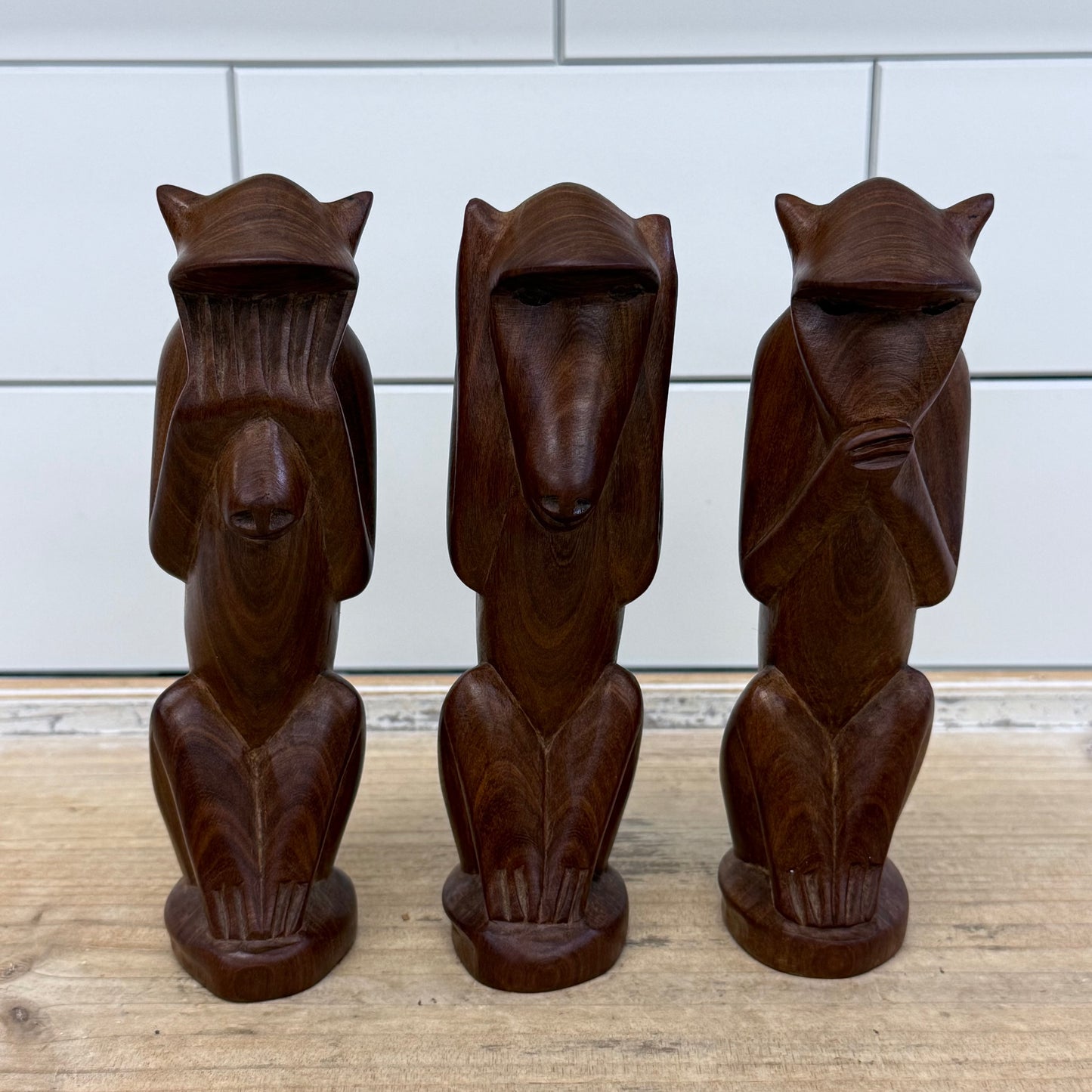 Three Wise Monkeys Carved Wood Figurines Set of 3