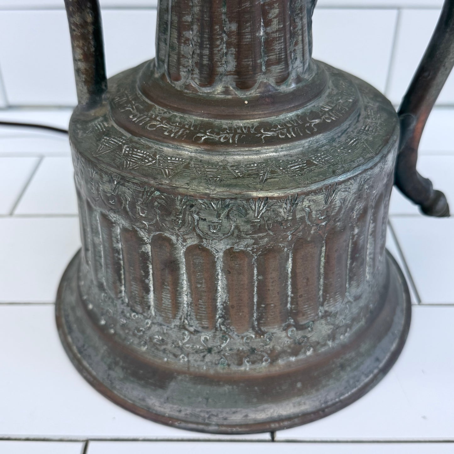 Vintage Kettle Table Lamp with Whipstitch Shade