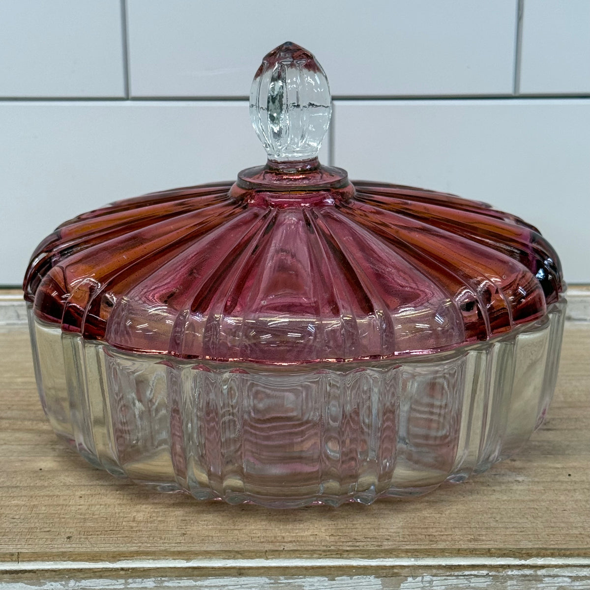 Vintage Cranberry Pink Clear Pressed Glass Covered Candy Dish
