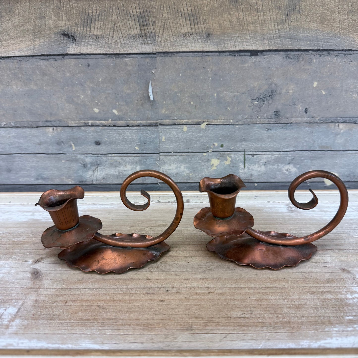 Gregorian Copper Arts & Crafts Candlestick Holders, Set of 2
