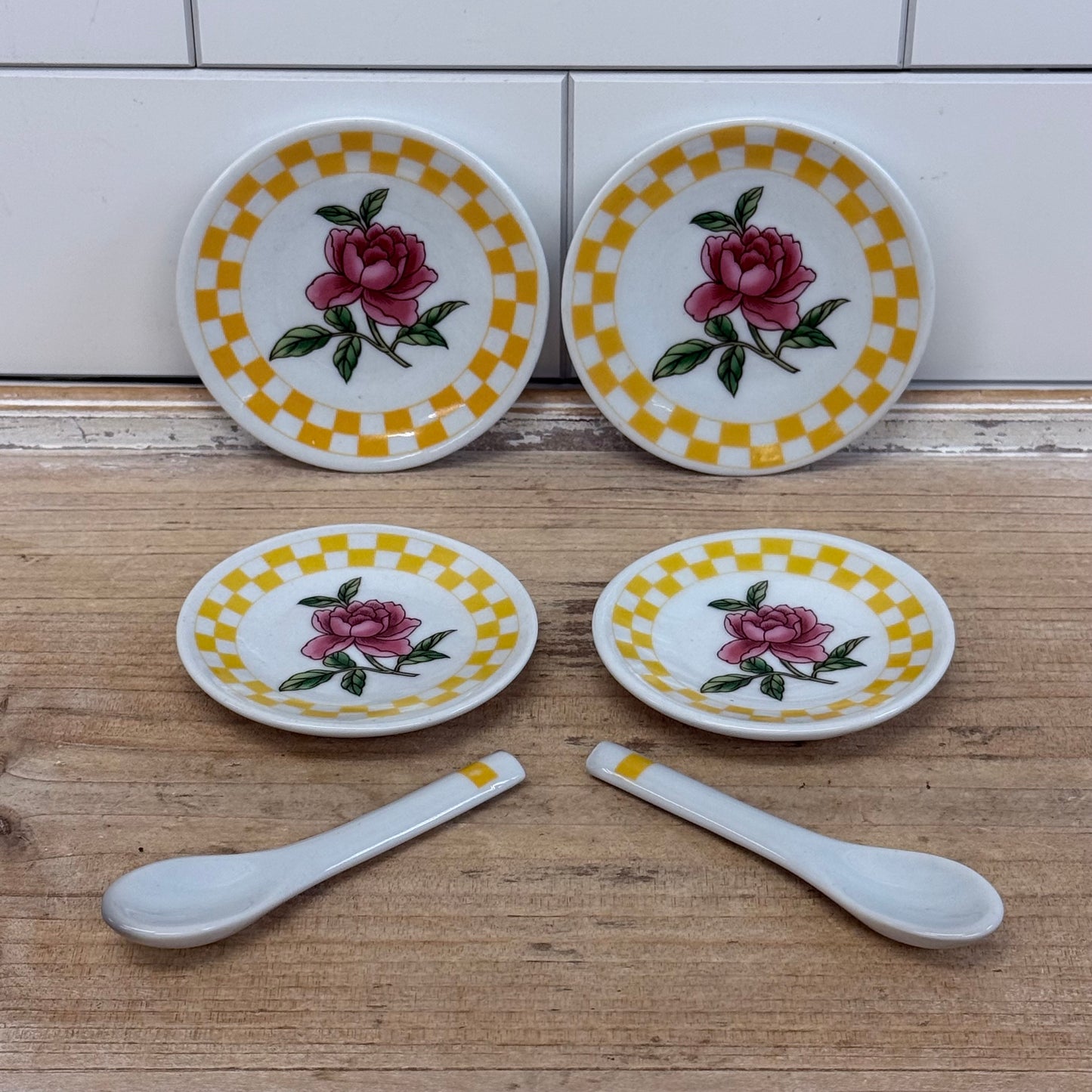 Delton Rose Child’s Porcelain Tea Set in Wicker Basket 1990s