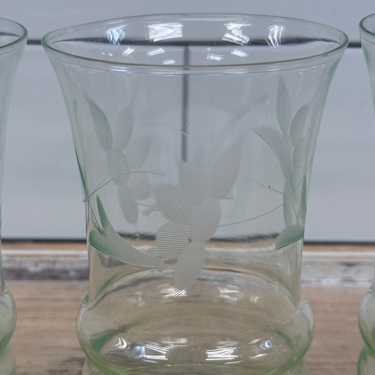 Pale Green Etched Leaf Glass Tumblers Set of 4