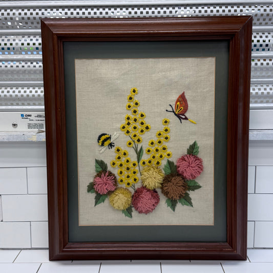 Vintage Crewel Embroidery Floral Wall Art Framed 1970s