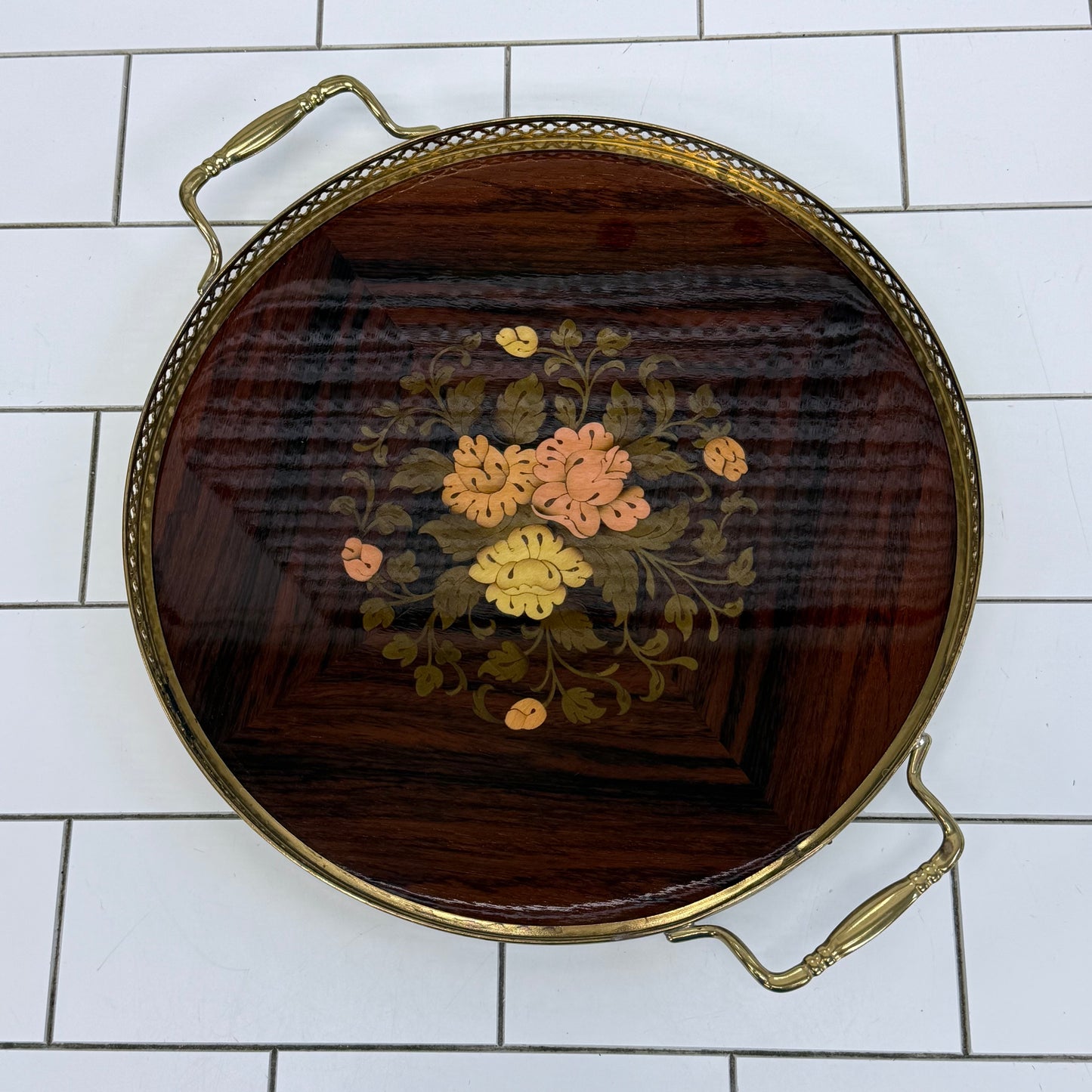Floral Marquetry Wood Serving Tray with Brass Handles