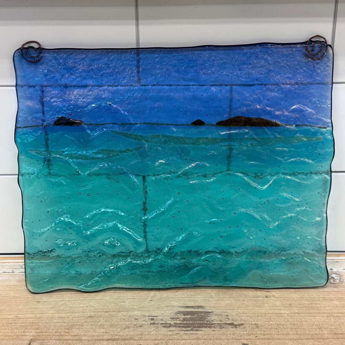 Handmade Seeded Art Glass Ocean Seascape Coastal Wall Hanging
