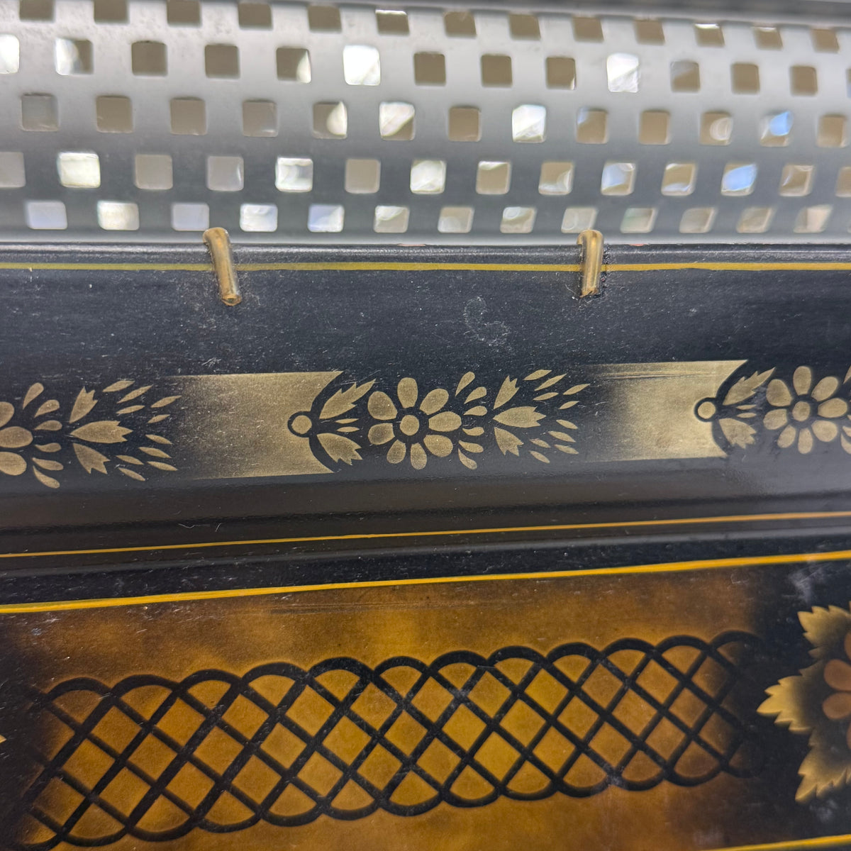 Floral Stenciled Tin Tray Black Gold Toleware Vintage 1970s