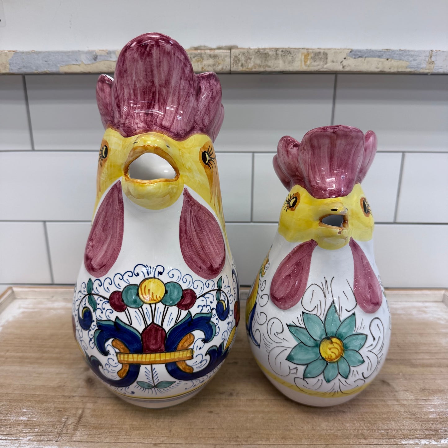 Hand Painted Romanian Rooster Pitchers Set of 2
