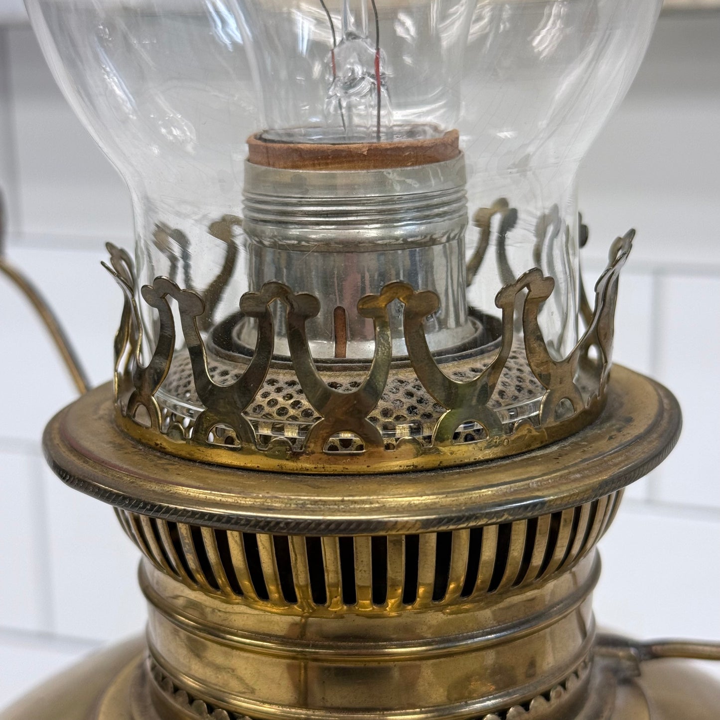 KYSO Brass Electric Hurricane Lamp Glass Shade 1950s