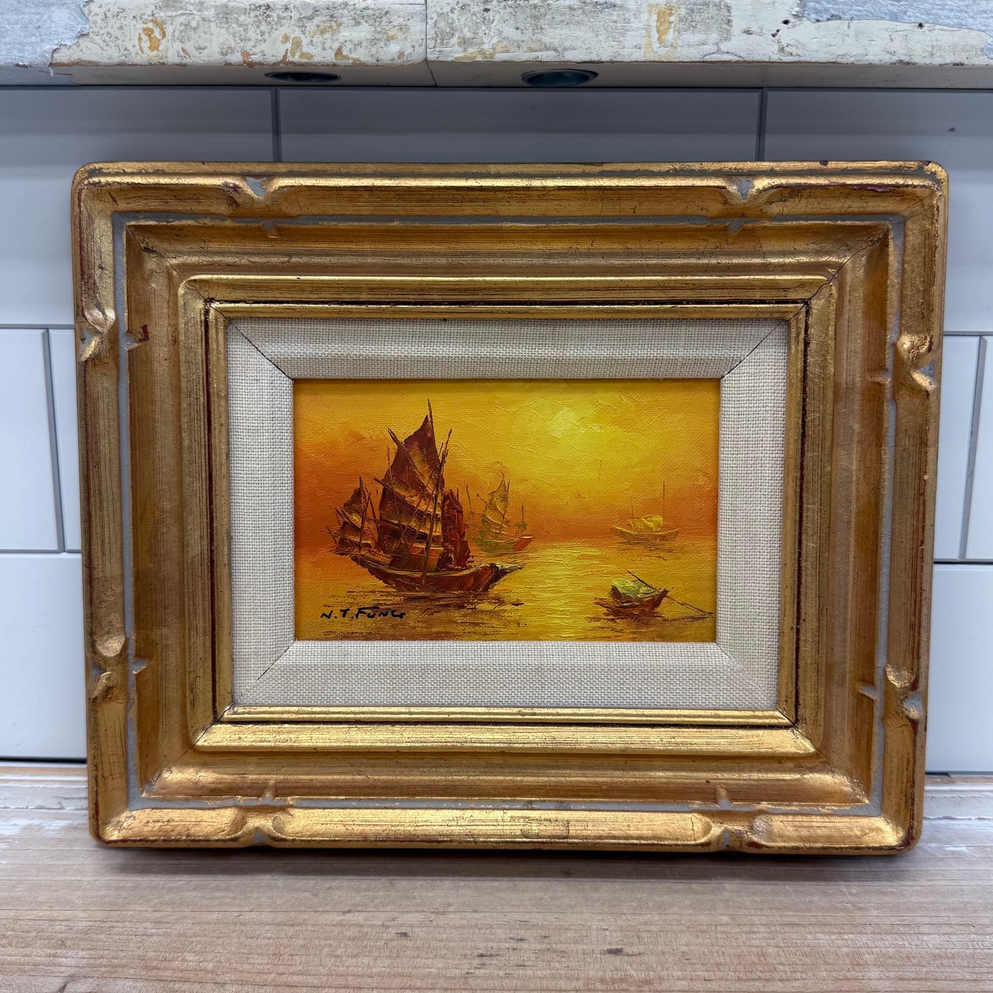 Sunset Junk Ships Original Oil Painting, Signed N.T. Fung