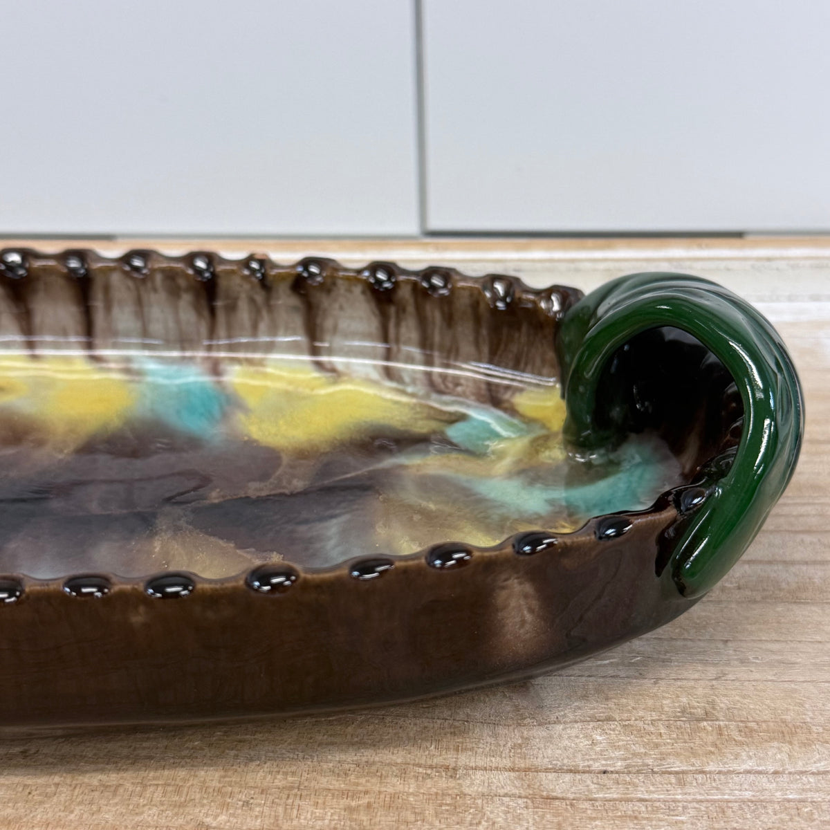 Austrian Art Pottery Drip Glaze Oval Tray Leaf Handles