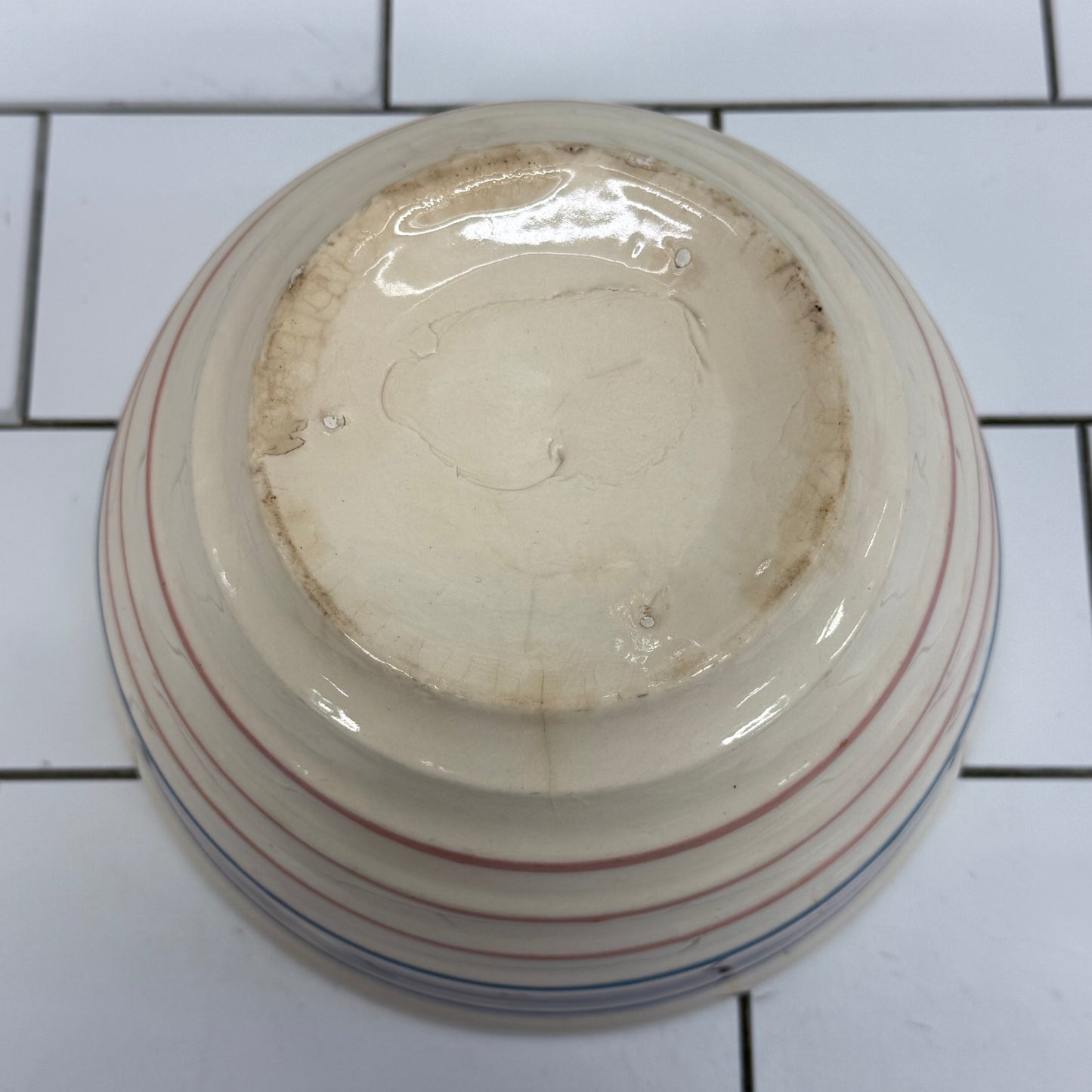 American Pink & Blue Band Stoneware Mixing Bowl 1930s