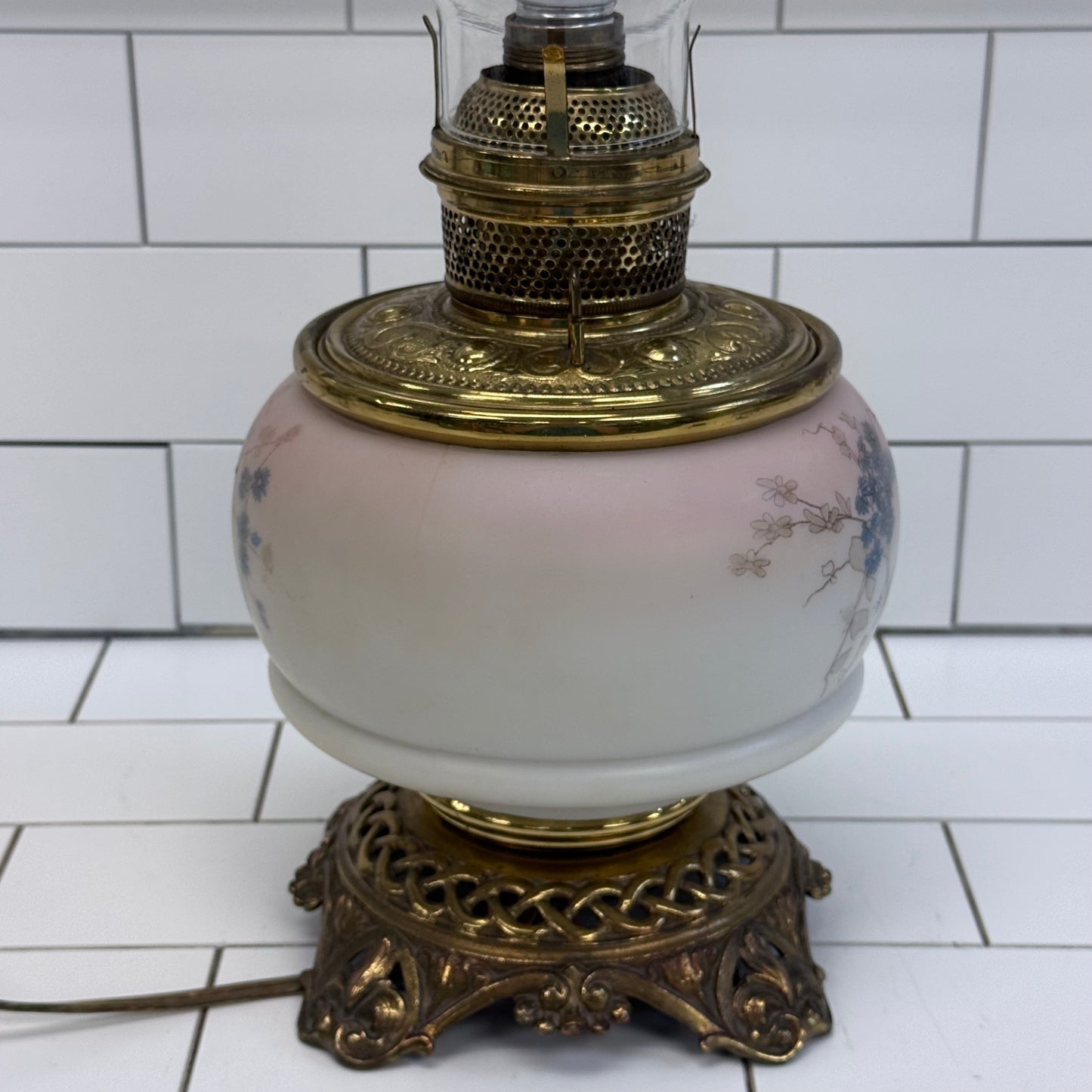 Banquet Lamp Floral Frosted Satin Glass Victorian Revival