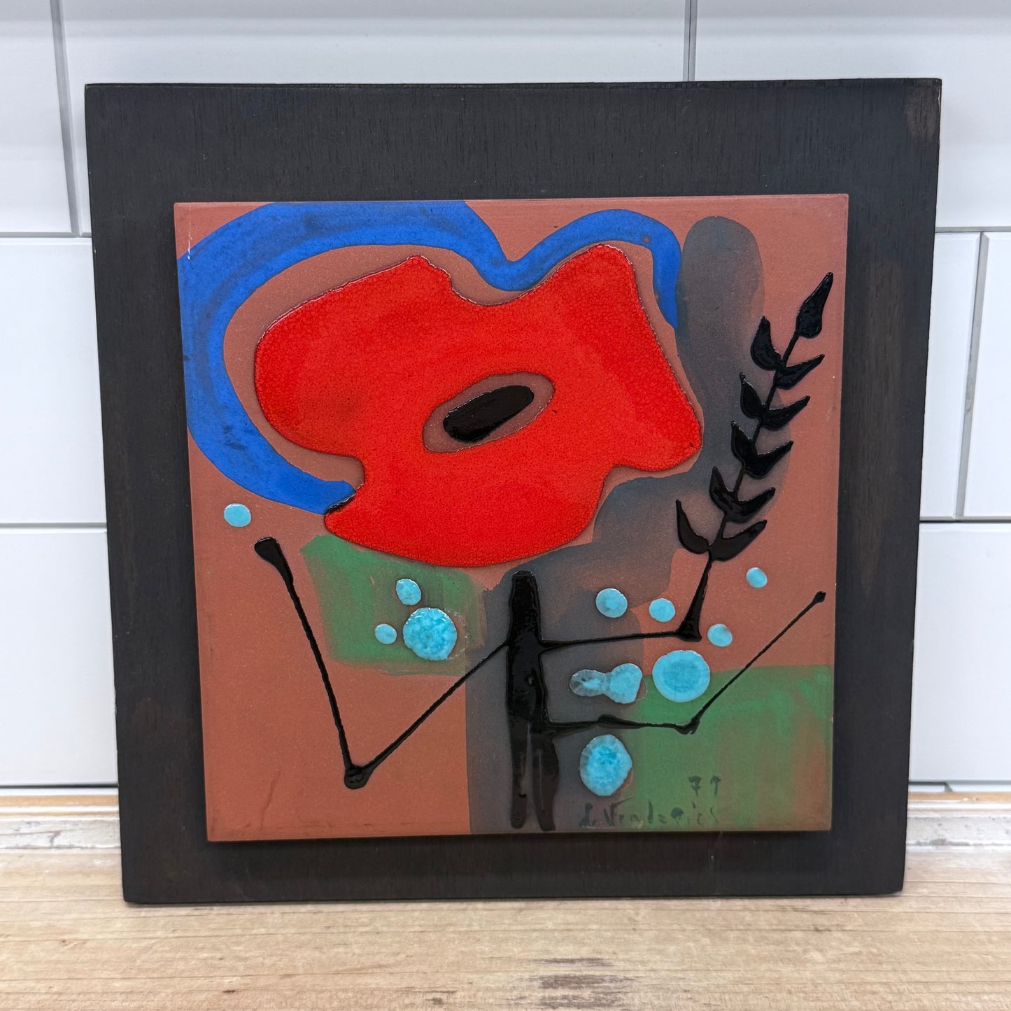 Modernist Abstract Floral Ceramic Wall Plaque Signed 1977