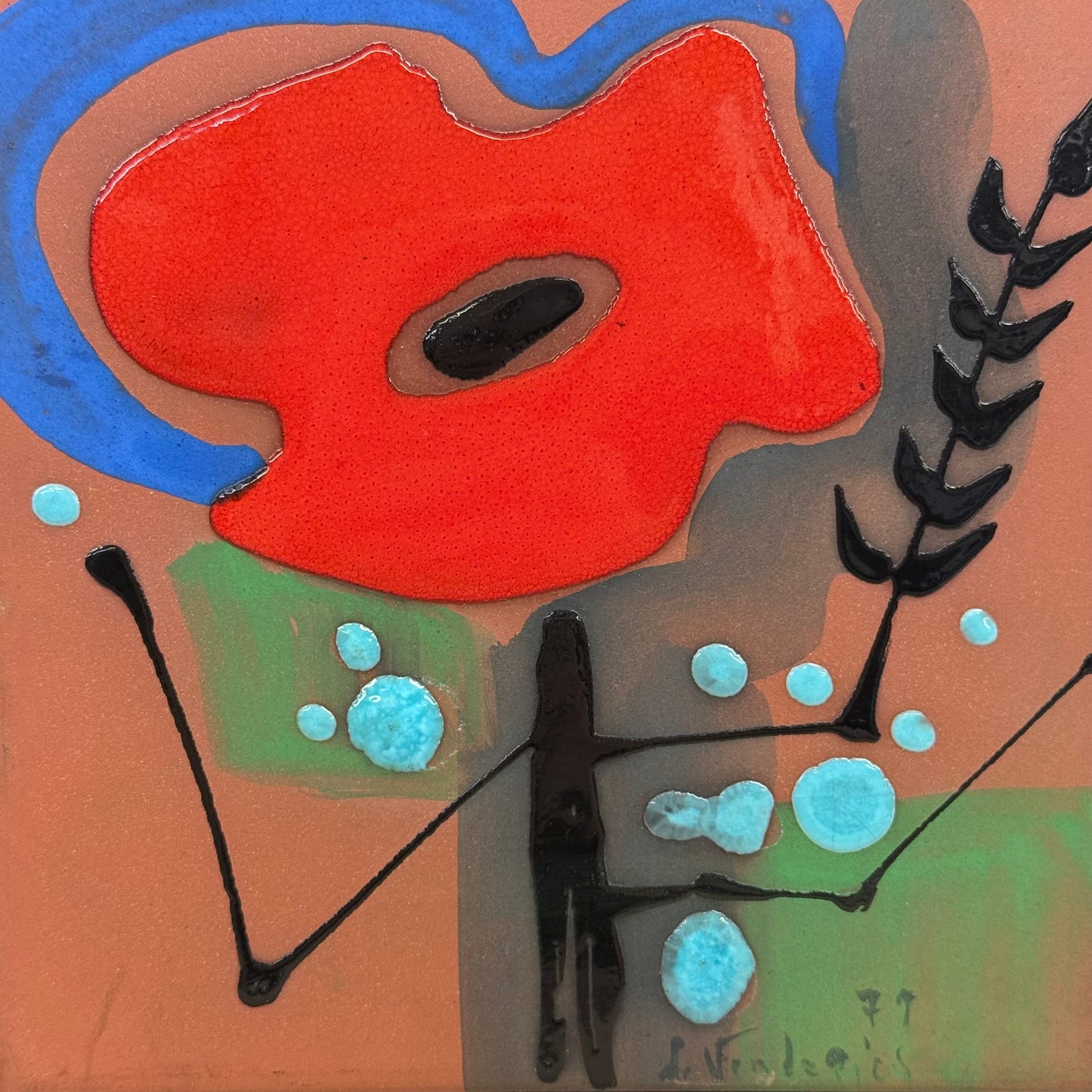Modernist Abstract Floral Ceramic Wall Plaque Signed 1977