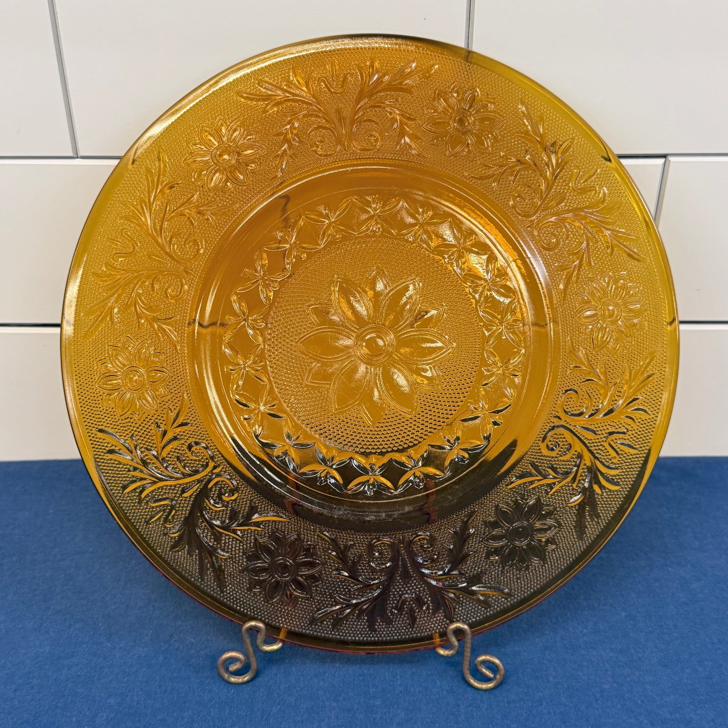 Indiana Glass Golden Amber Floral Plates Set of 3 Vintage 1970s
