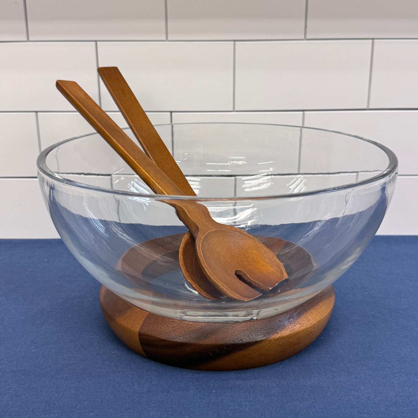 Nambé Cooper Salad Bowl Set Acacia Glass & Utensils