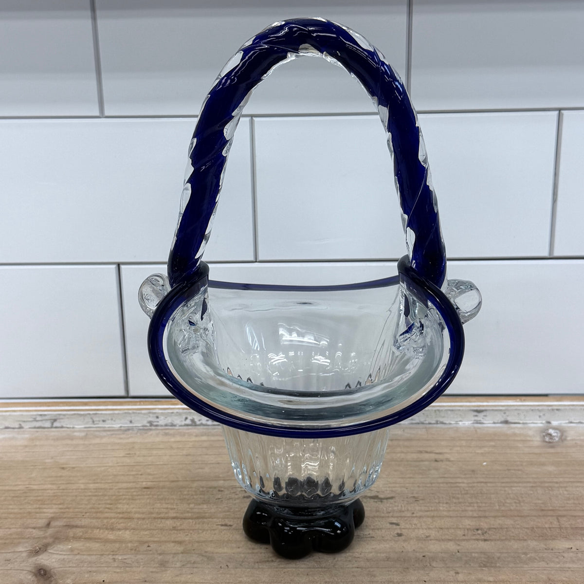 Crystal Brand Cobalt Blue Art Glass Basket 1970s