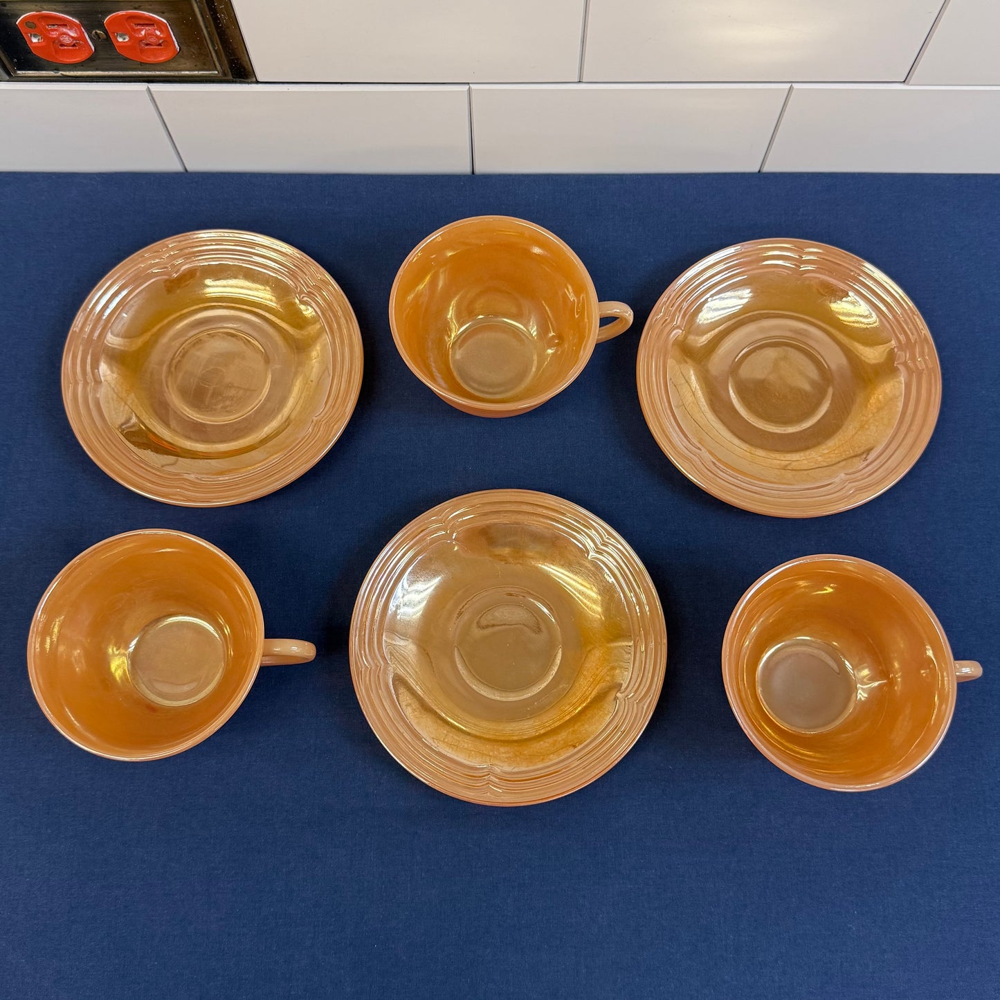 Fire King Peach Lustre Jane Ray Teacups Saucers Set of 3