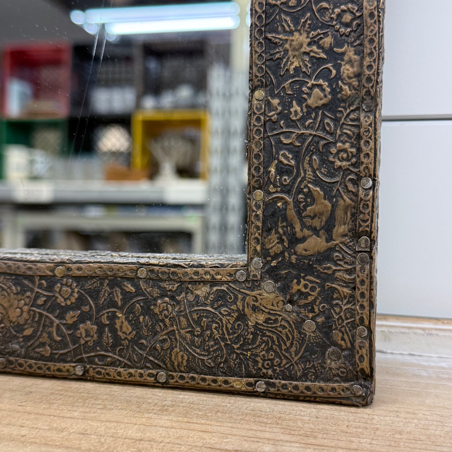 Moroccan Style Floral Embossed Wood Accent Mirror