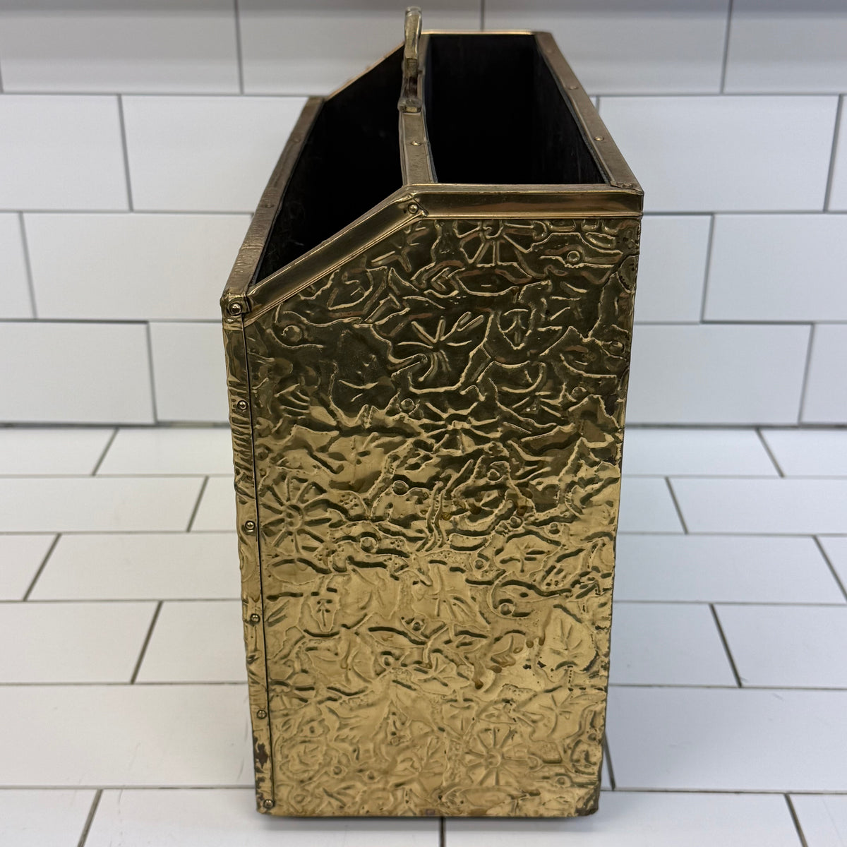 Vintage Embossed Brass & Wood Magazine Rack Old World Scene