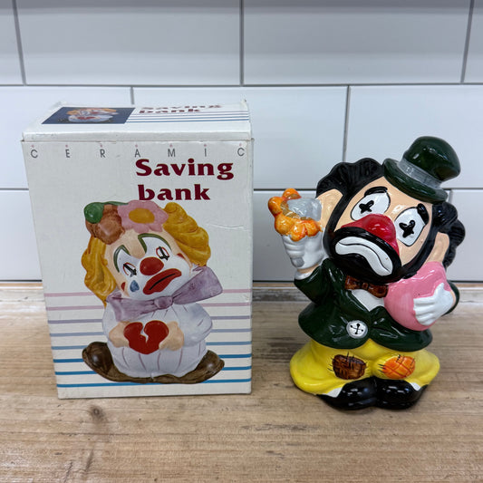 Vintage Ceramic Hobo Clown Savings Coin Bank with Original Box