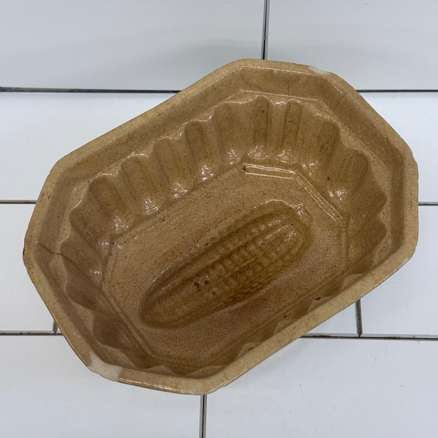 Yellow Ware Ear of Corn Food Mold Stoneware Dish Antique c. 1910s