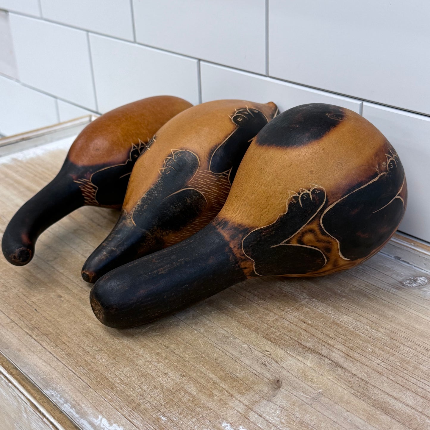 Peruvian Carved Gourd Rattles Animal Folk Art Set 1970s