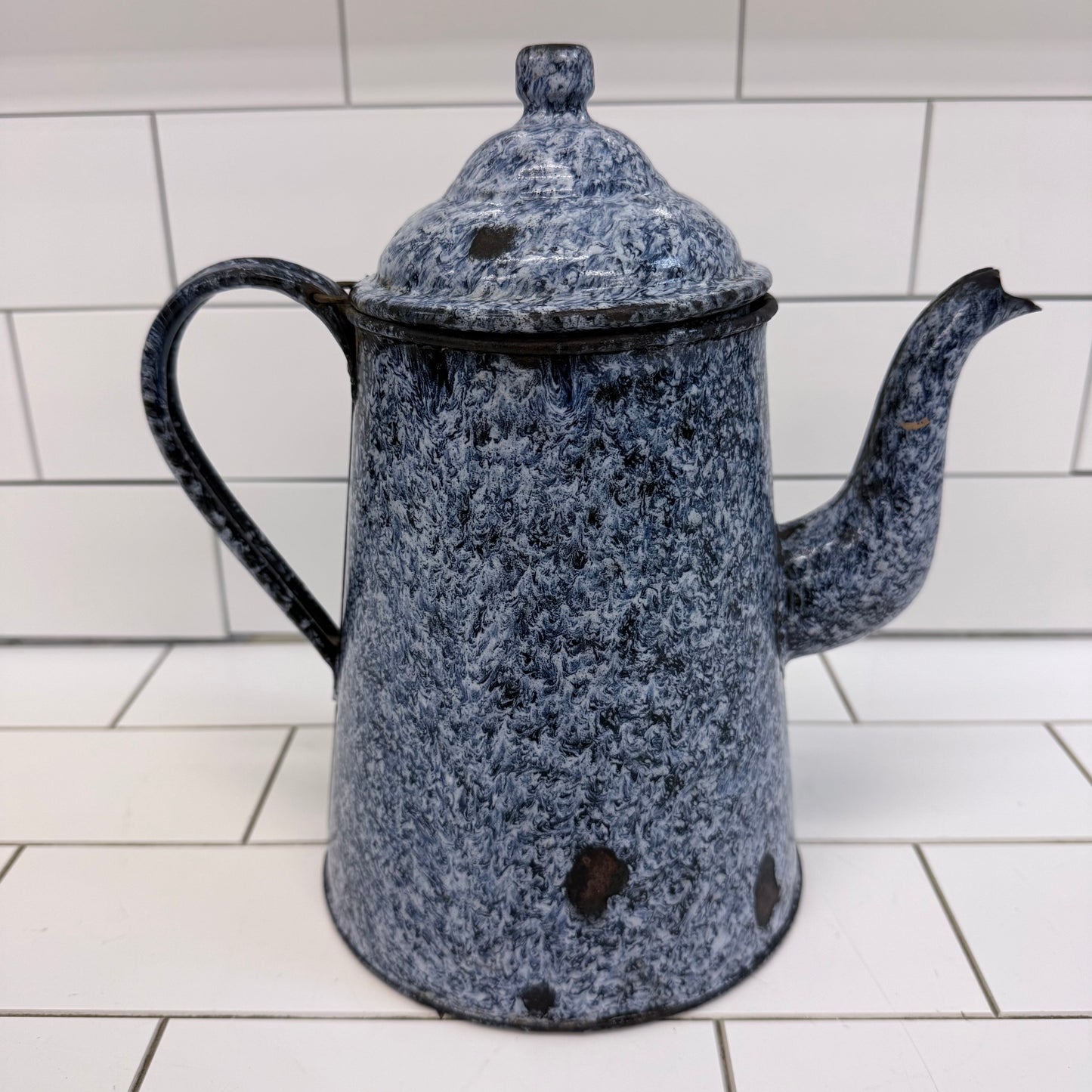 Vintage Speckled Graniteware Teapot Enameled Farmhouse Coffee Pot