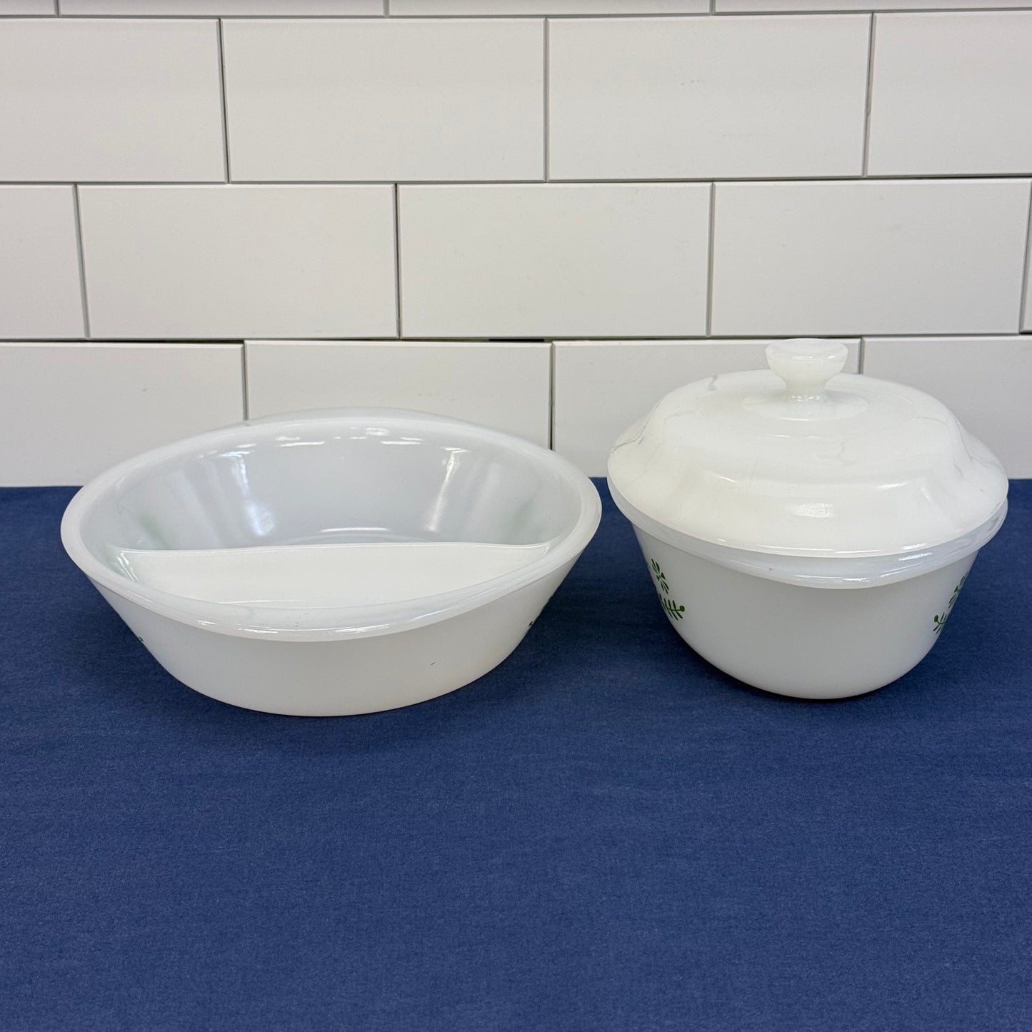 Glasbake Green Daisy Milk Glass Casserole Dishes Set of 2