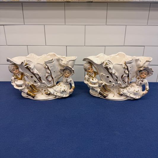 Tilso Victorian Boy & Girl Porcelain Planters Set 1950s