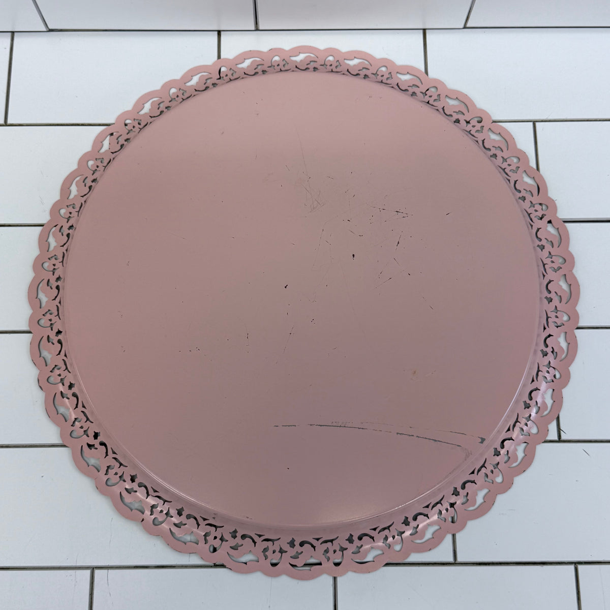 Vintage Hand Painted Pink Floral Tole Metal Tray 15”