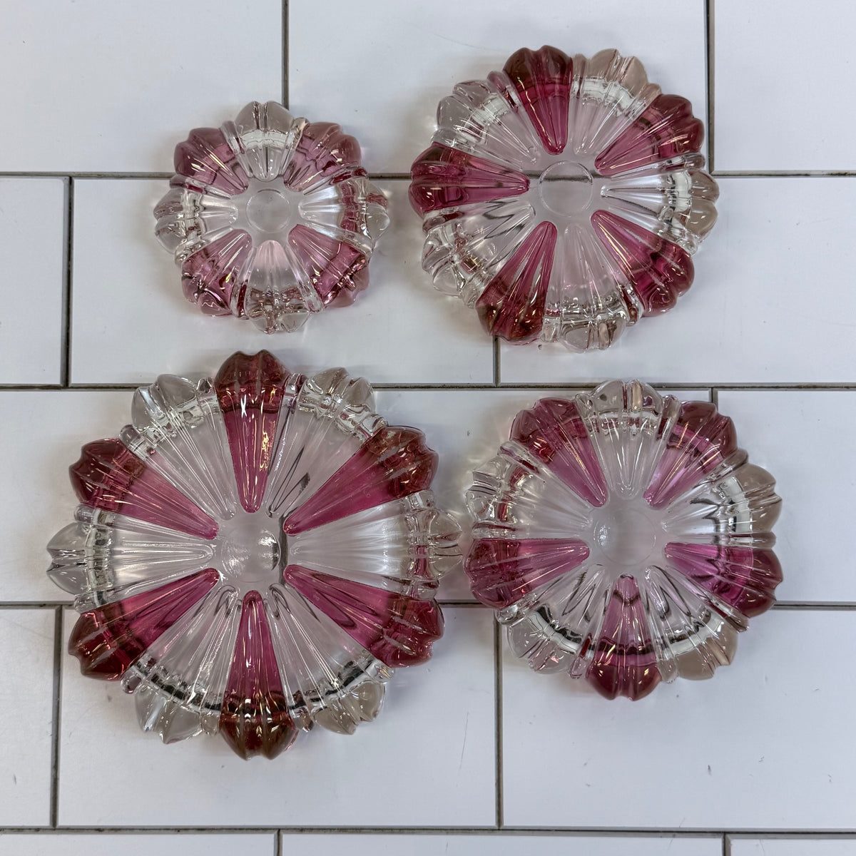 Pink & Clear Glass Scalloped Dishes Set of 4 Vintage 1960s