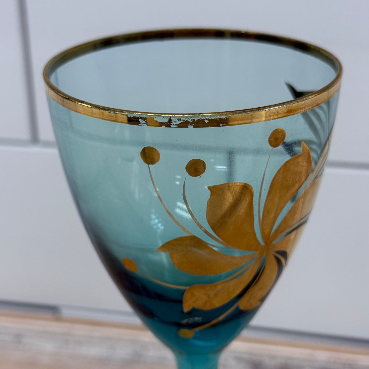 Italian Blue Glass Decanter & 6 Goblets Gold Floral Set