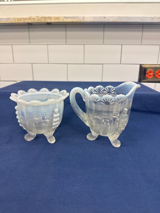 Jefferson Opalescent Glass Creamer & Sugar Bowl Set c1900