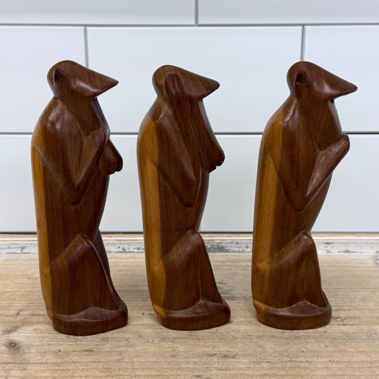 Three Wise Monkeys Carved Wood Figurines Set of 3