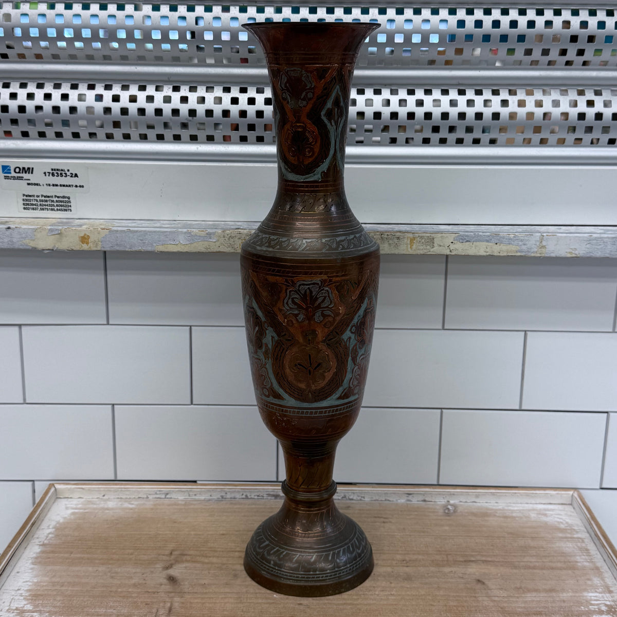 PENCO Indian Brass Engraved Floral Pedestal Vase 17”
