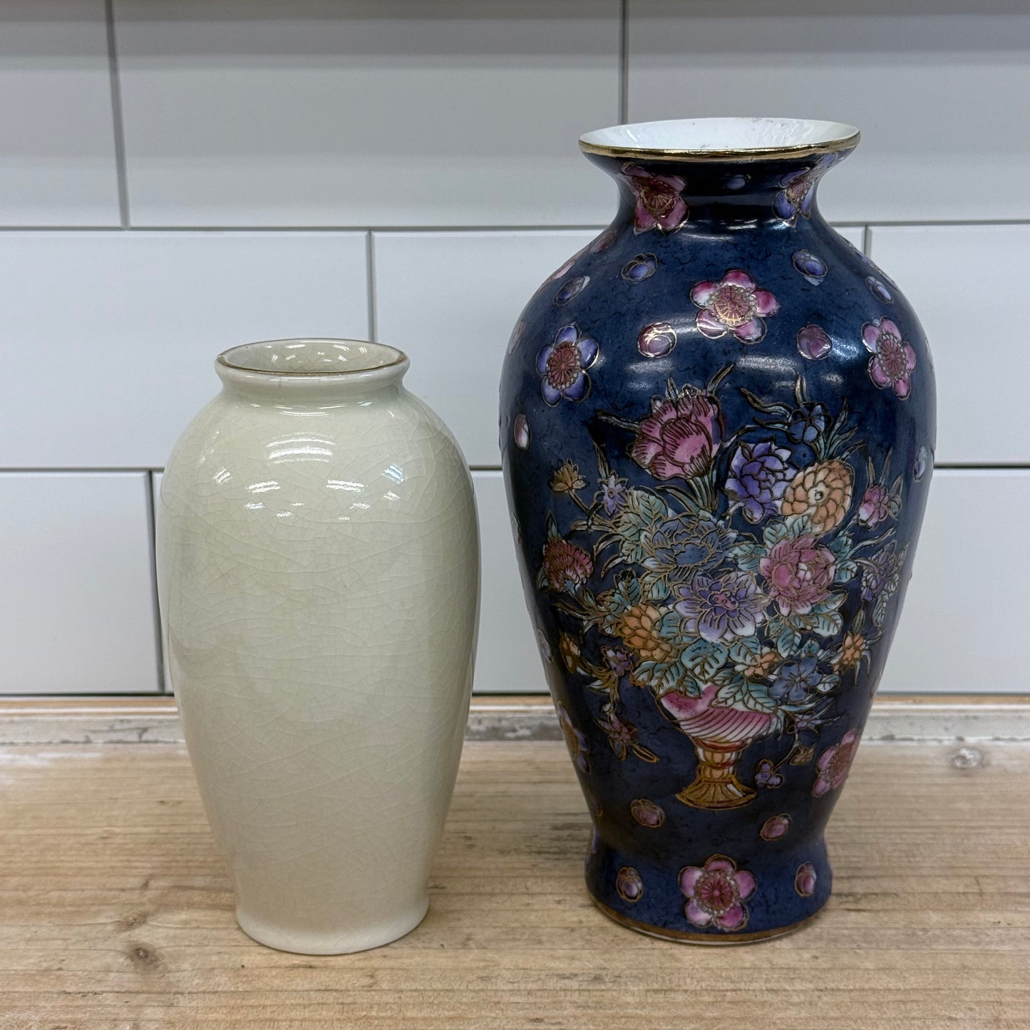 Porcelain Peacock & Floral Vases Set of 2