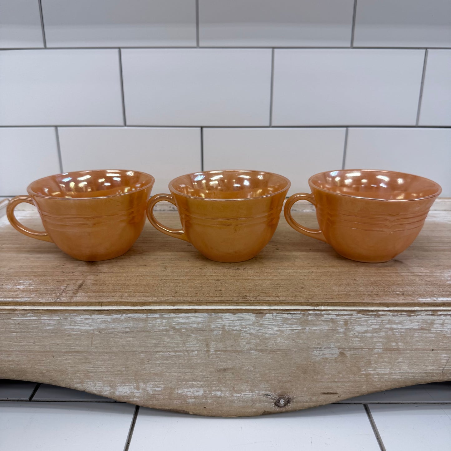 Fire King Peach Lustre Jane Ray Teacups Saucers Set of 3
