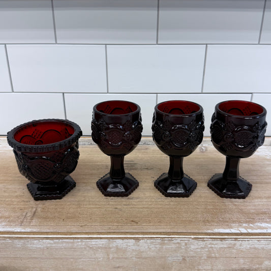 Avon Cape Cod Ruby Red Glass Wine Glasses & Sugar Bowl Set