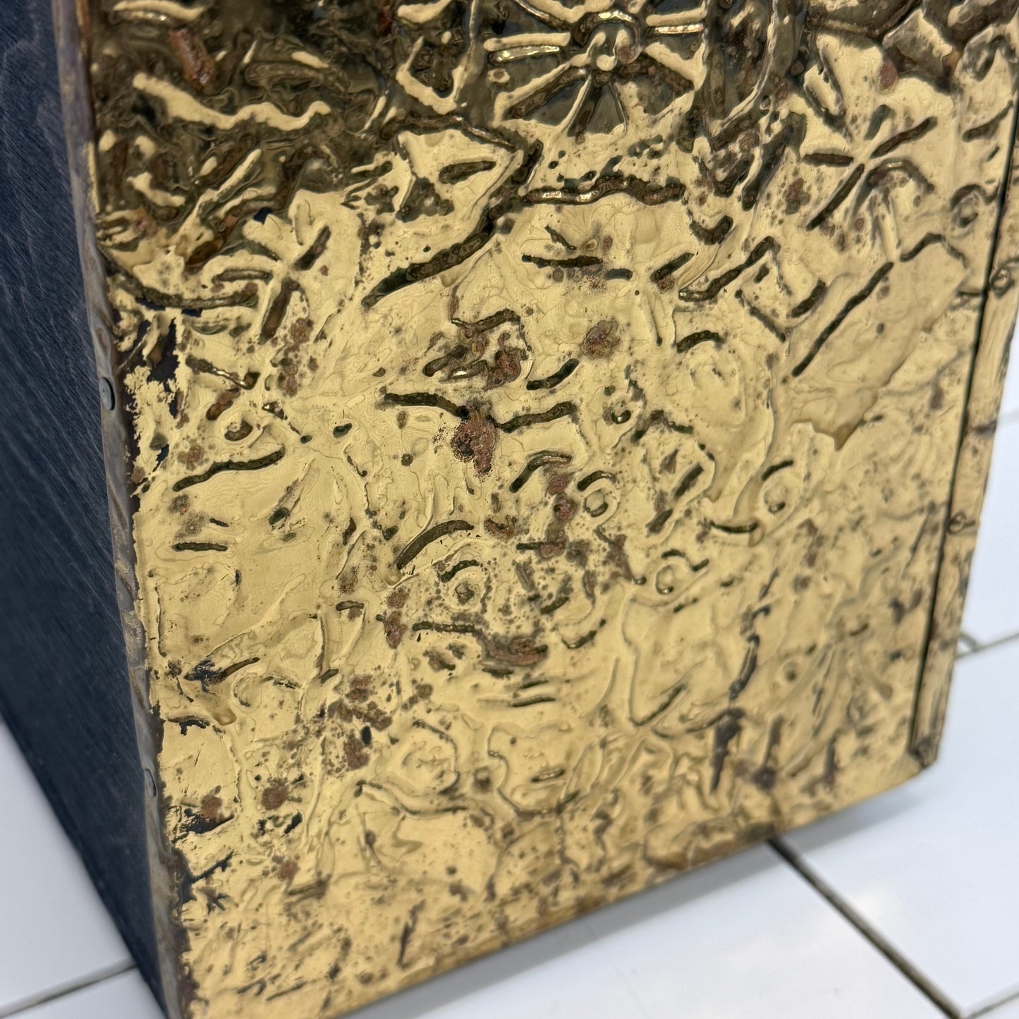 Vintage Embossed Brass & Wood Magazine Rack Old World Scene